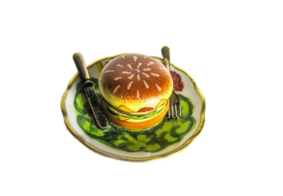 Hamburger on Plate hand-painted Limoges porcelain box by Gérard Ribierre