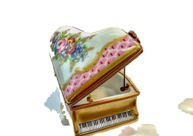Floral Piano with Gold hand-painted Limoges porcelain box by Parry Vieille (PV)