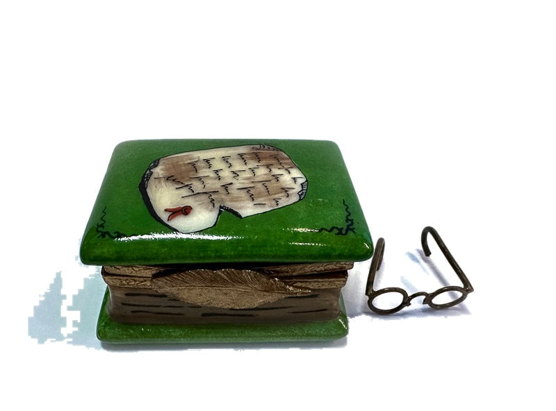 Green Book with Removable Eye Glasses hand-painted Limoges porcelain box made for Gump's