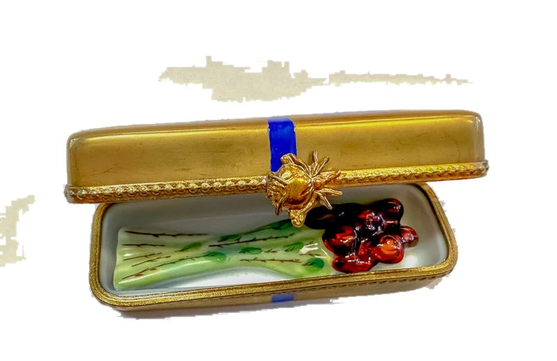 Gold Gift Box with Bouquet of Roses and Blue Ribbon hand-painted Limoges porcelain box by Rochard