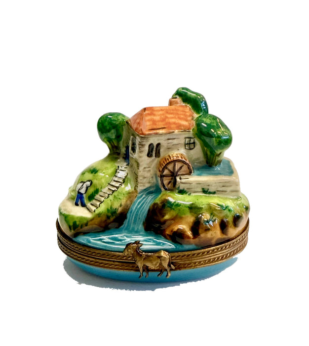House on Hill with Water hand-painted Limoges porcelain box by Parry Vieille (PV)