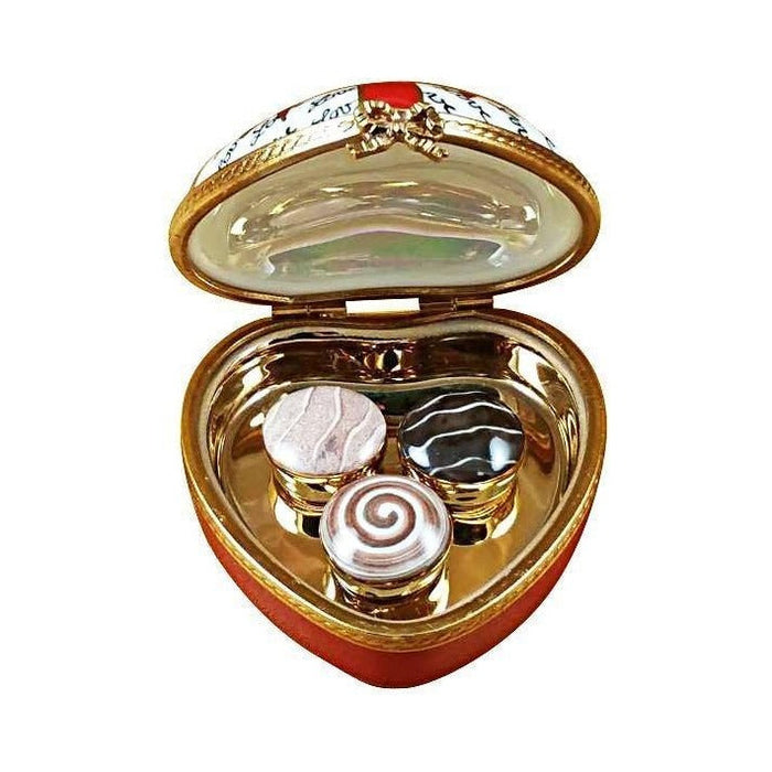 Artisan-painted Heart Red Bow Three Candies Limoges box from France, a cherished collectible
