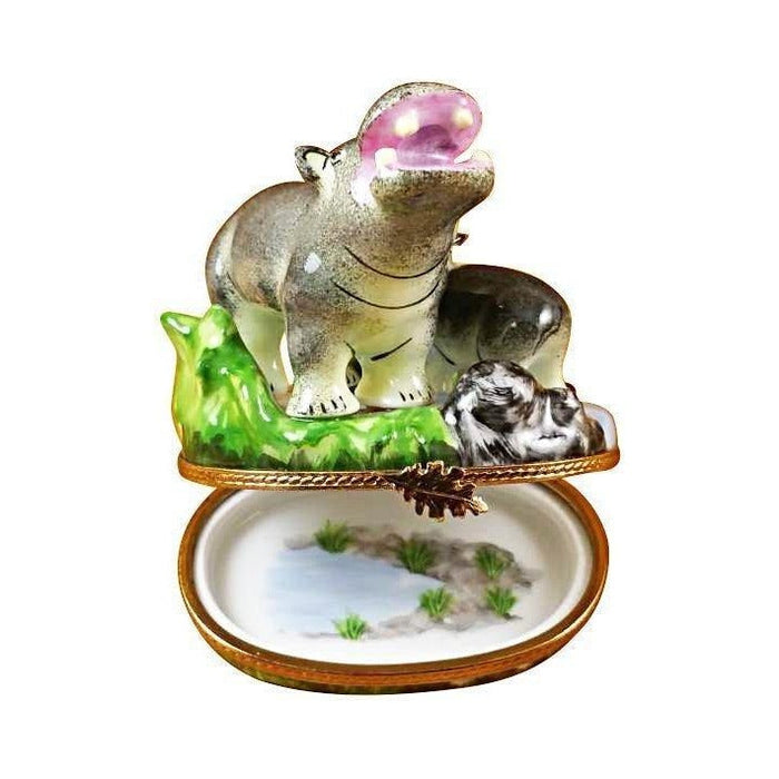 Artisan-painted Hippo and Baby Limoges box from France, a cherished collectible