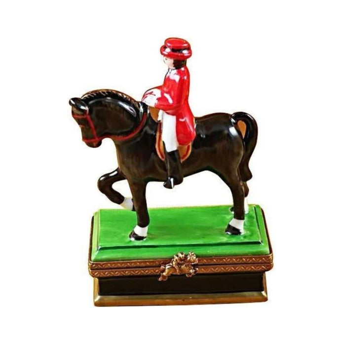 Limoges Boutique presents the Rochard Horse with Rider Dressage, a genuine Limoges box painted by hand in France