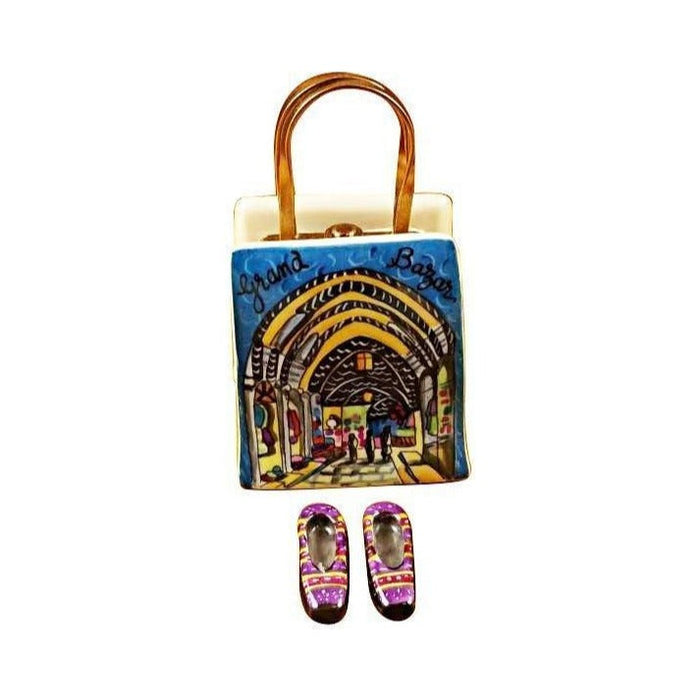 Treasured French collectible: Istanbul Shopping Bag with Removable Turkish Slippers Limoges box, painted by hand