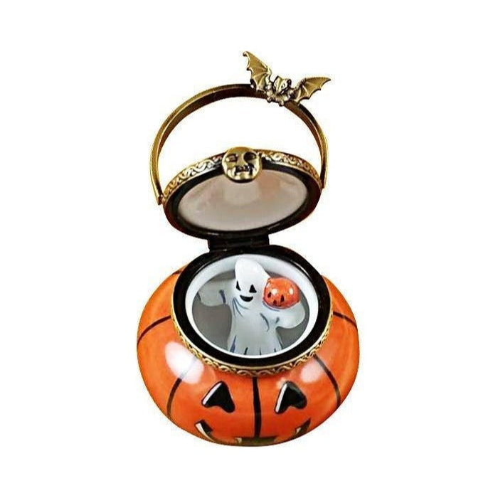 Fine French craftsmanship on the Jack O Lantern Pail with Removable Ghost Limoges box, painted by hand