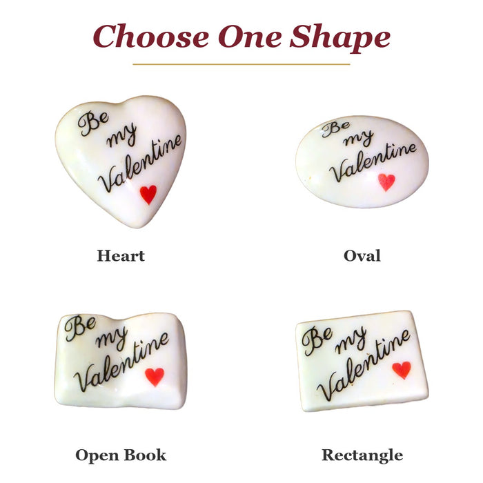 Be My Valentine porcelain goodie trinkets in all shapes: heart, oval, open book, rectangle