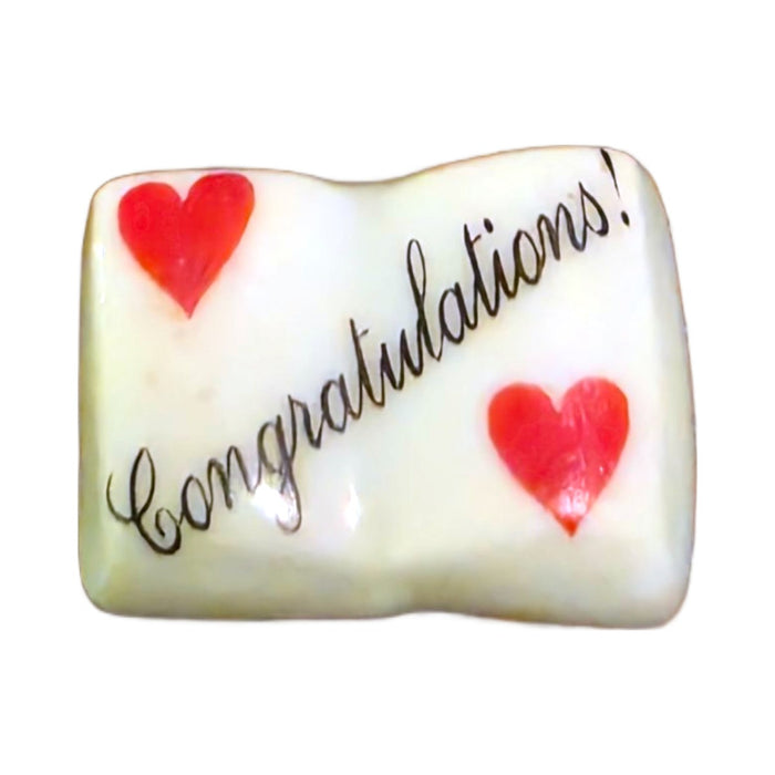 Congratulations! porcelain goodie trinket, open book shape, 5/8 inch wide, with a red heart