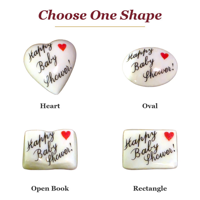 Happy Baby Shower! porcelain goodie trinkets in all shapes: heart, oval, open book, rectangle