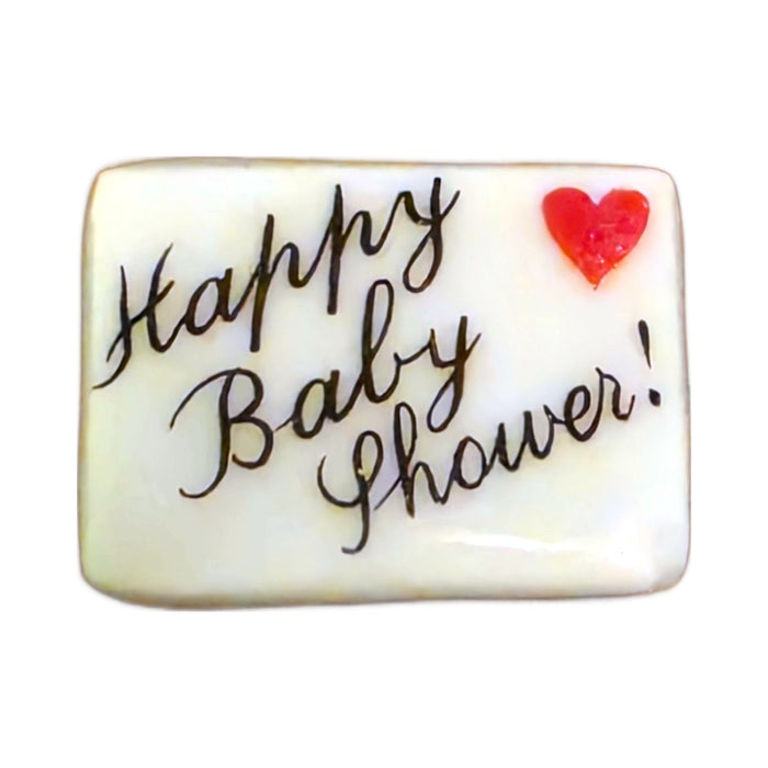 Happy Baby Shower! porcelain goodie trinket, rectangle shape, 5/8 inch wide, with a red heart