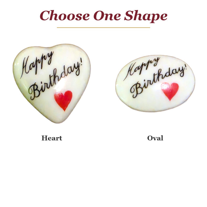 Happy Birthday! porcelain goodie trinkets in all shapes: heart, oval