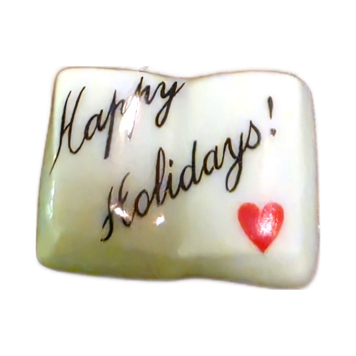Happy Holidays! porcelain goodie trinket, open book shape, 5/8 inch wide, with a red heart