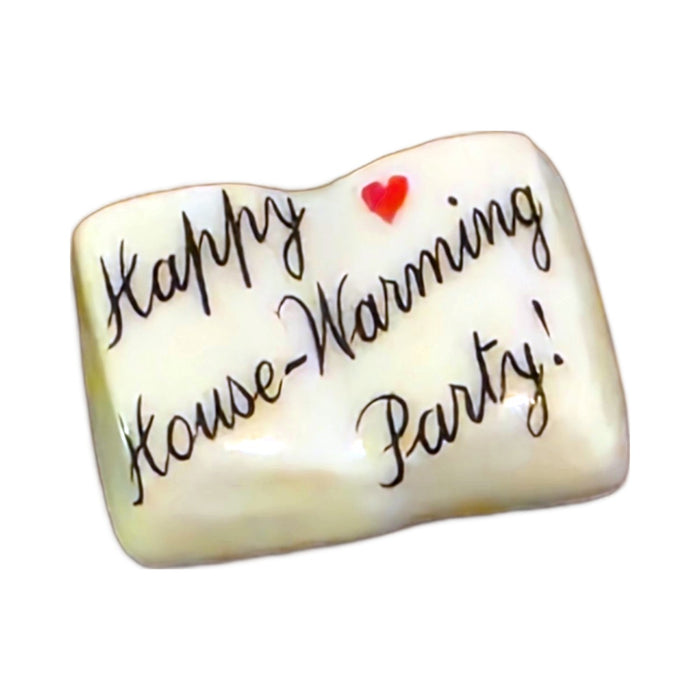 Happy House-Warming Party! porcelain goodie trinket, open book shape, 5/8 inch wide, with a red heart
