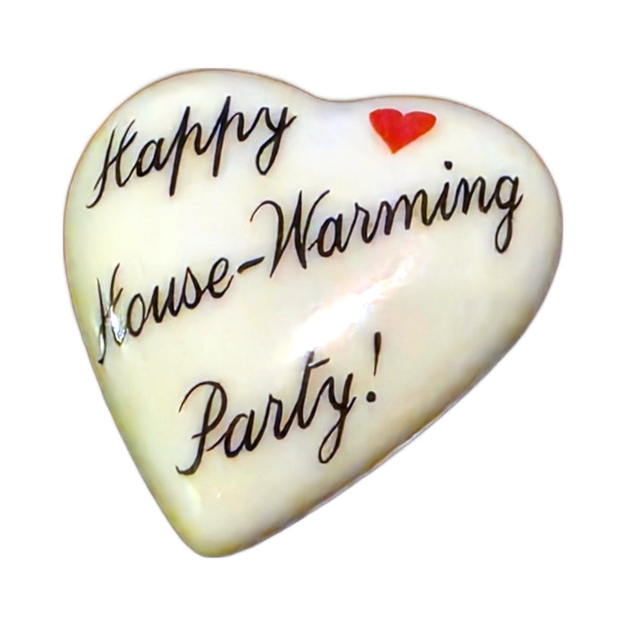 Happy House-Warming Party! porcelain goodie trinket, heart shape, 1 inch wide, with a red heart