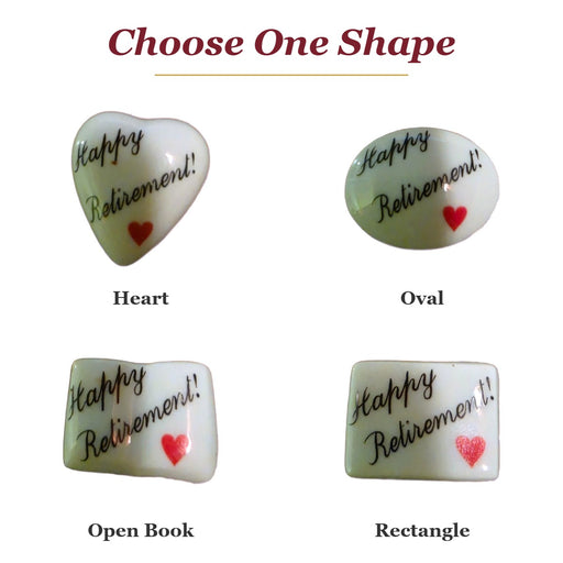 Happy Retirement! porcelain goodie trinkets in all shapes: heart, oval, open book and rectangle