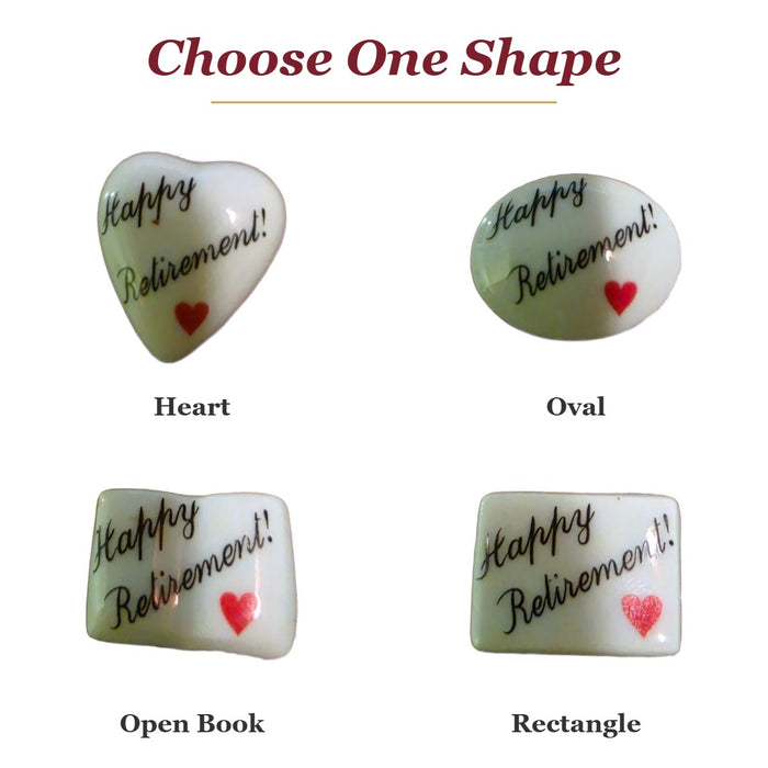 Happy Retirement! porcelain goodie trinkets in all shapes: heart, oval, open book and rectangle