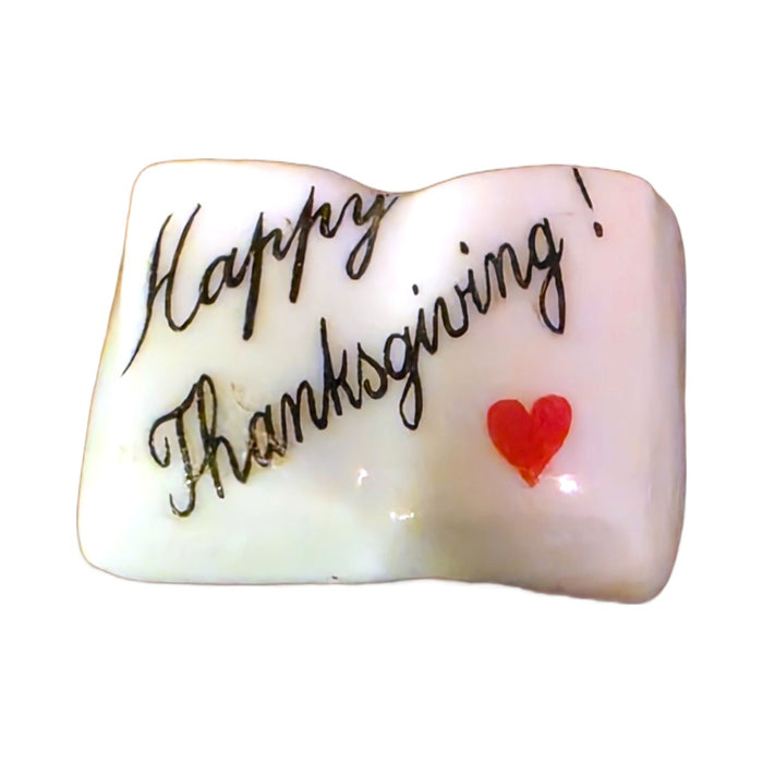 Happy Thanksgiving! porcelain goodie trinket, open book shape, 5/8 inch wide, with a red heart