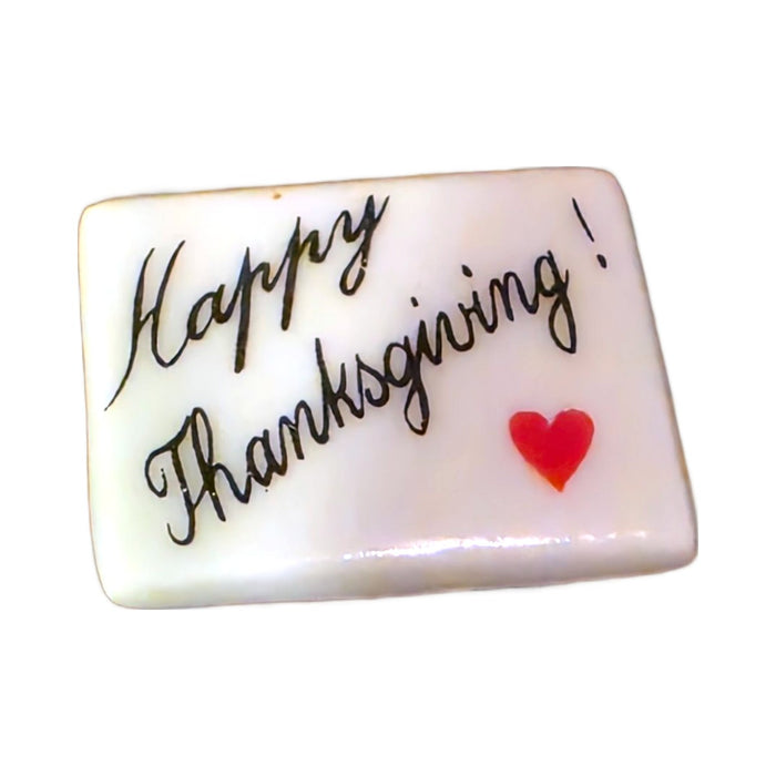 Happy Thanksgiving! porcelain goodie trinket, rectangle shape, 5/8 inch wide, with a red heart