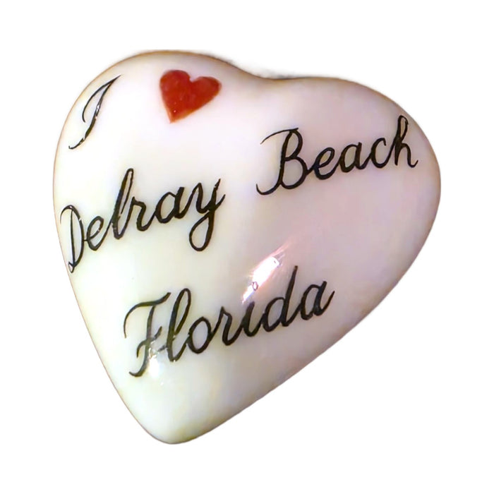 I Love Delray Beach, Florida porcelain goodie trinket, heart shape, 1 inch wide, with a red heart