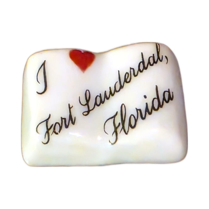 I Love Fort Lauderdale, Florida porcelain goodie trinket, open book shape, 5/8 inch wide, with a red heart