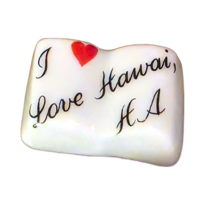 I Love Hawaii porcelain goodie trinket, open book shape, 5/8 inch wide, with a red heart