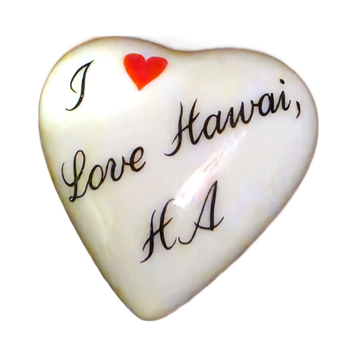 I Love Hawaii porcelain goodie trinket, heart shape, 1 inch wide, with a red heart