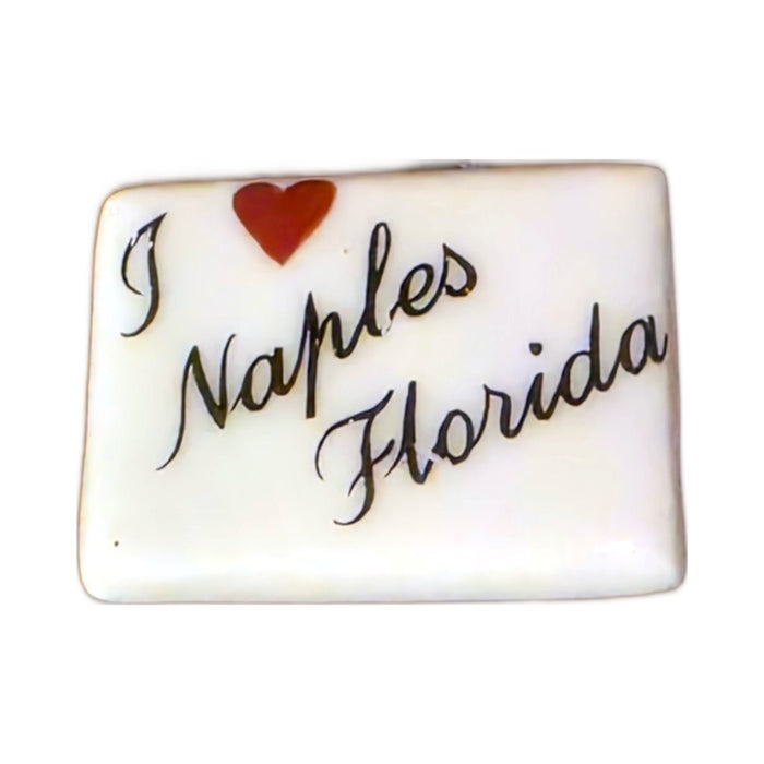I Love Naples, Florida porcelain goodie trinket, rectangle shape, 5/8 inch wide, with a red heart