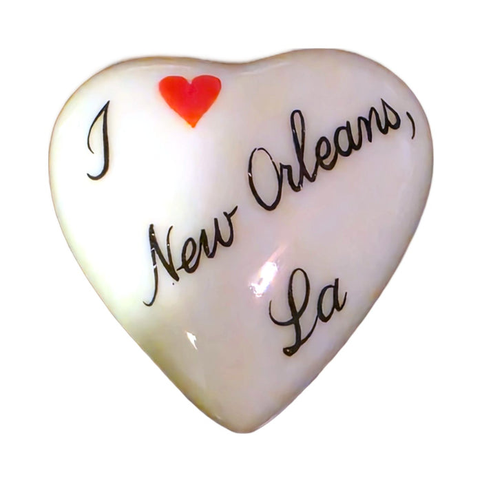 I Love New Orleans, LA porcelain goodie trinket, heart shape, 1 inch wide, with a red heart