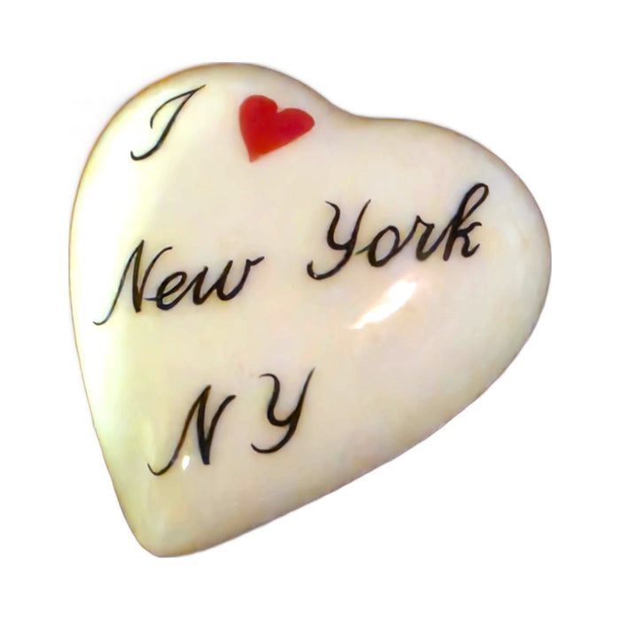 I Love New York, NY porcelain goodie trinket, heart shape, 1 inch wide, with a red heart