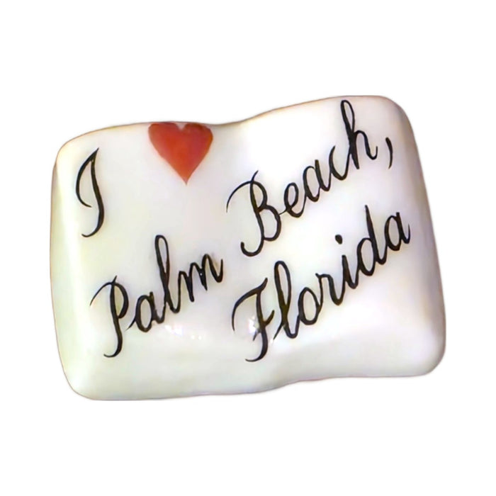 I Love Palm Beach, Florida porcelain goodie trinket, open book shape, 5/8 inch wide, with a red heart