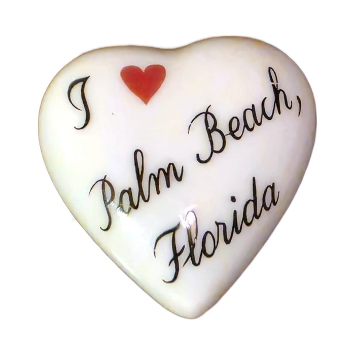 I Love Palm Beach, Florida porcelain goodie trinket, heart shape, 1 inch wide, with a red heart