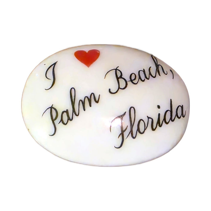 I Love Palm Beach, Florida porcelain goodie trinket, oval shape, 1 inch wide, with a red heart