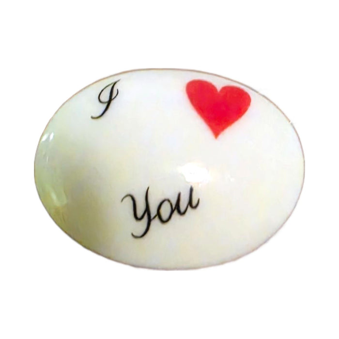 I Love You porcelain goodie trinket, oval shape, 1 inch wide, with a red heart