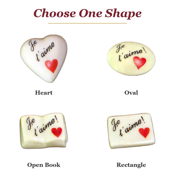 Je T'aime! porcelain goodie trinkets in all shapes: heart, oval, open book, rectangle