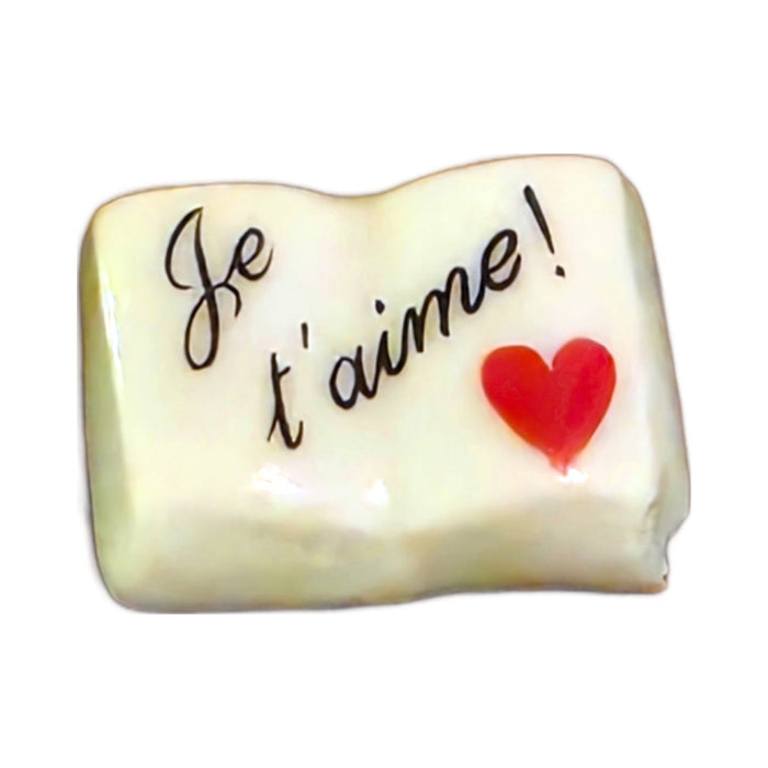 Je T'aime! porcelain goodie trinket, open book shape, 5/8 inch wide, with a red heart