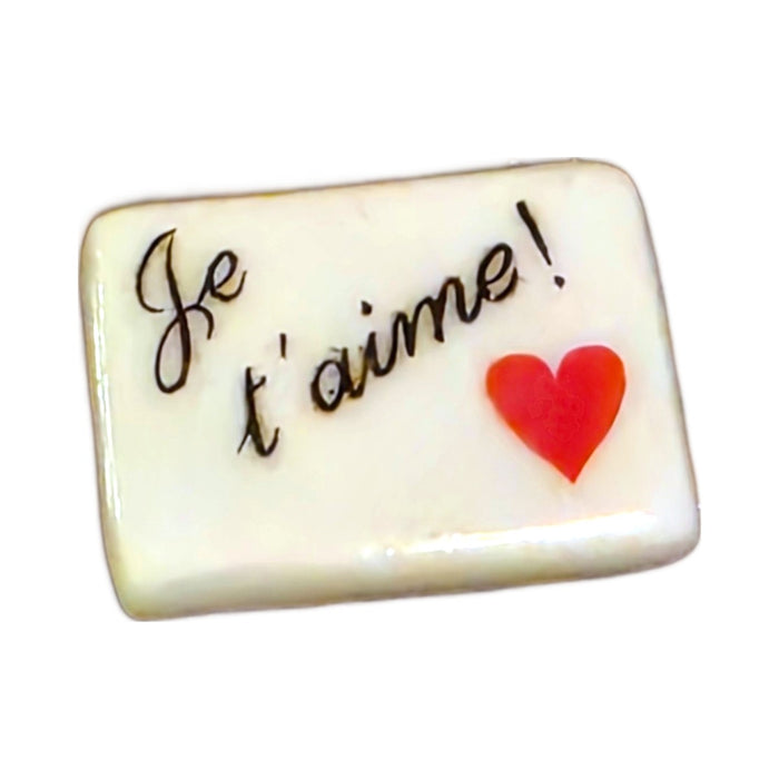 Je T'aime! porcelain goodie trinket, rectangle shape, 5/8 inch wide, with a red heart