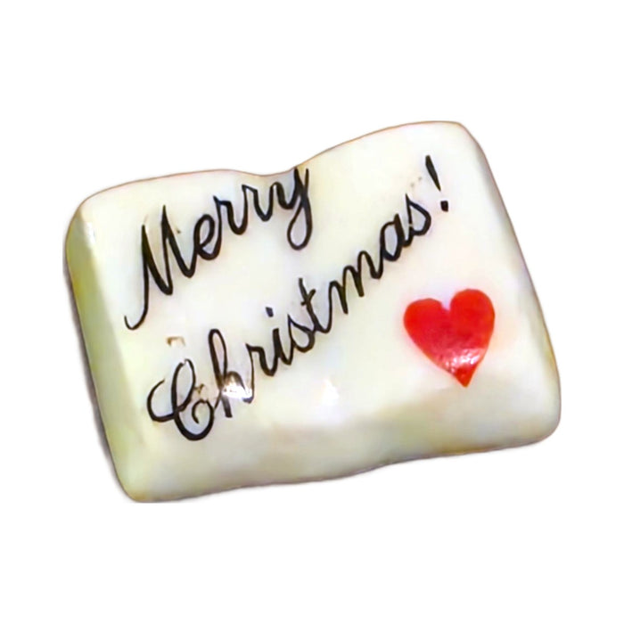 Merry Christmas! porcelain goodie trinket, open book shape, 5/8 inch wide, with a red heart
