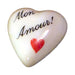 Mon Amour! porcelain goodie trinket, heart shape, 1 inch wide, with a red heart
