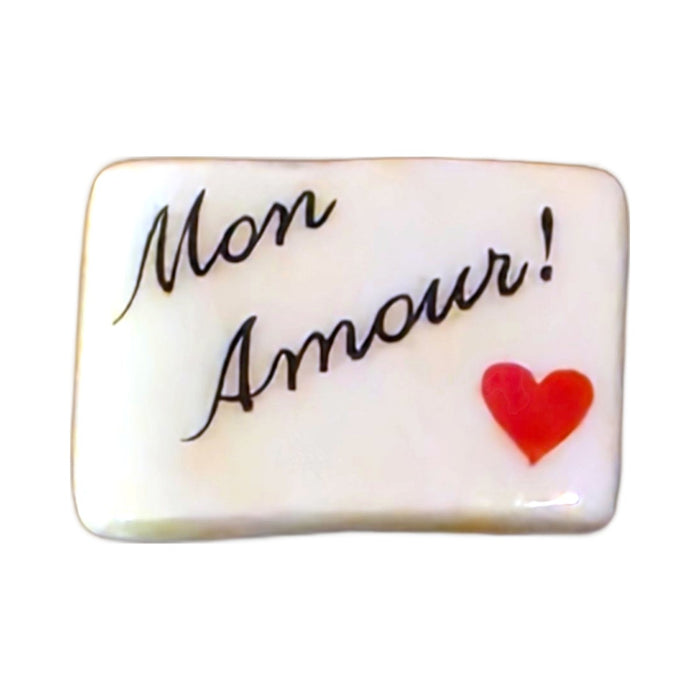 Mon Amour! porcelain goodie trinket, rectangle shape, 5/8 inch wide, with a red heart