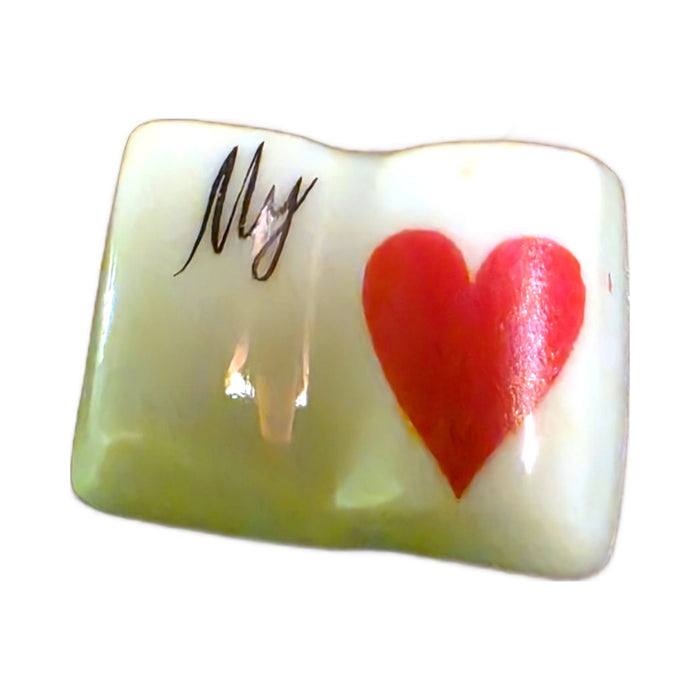 My Love porcelain goodie trinket, open book shape, 5/8 inch wide, with a red heart