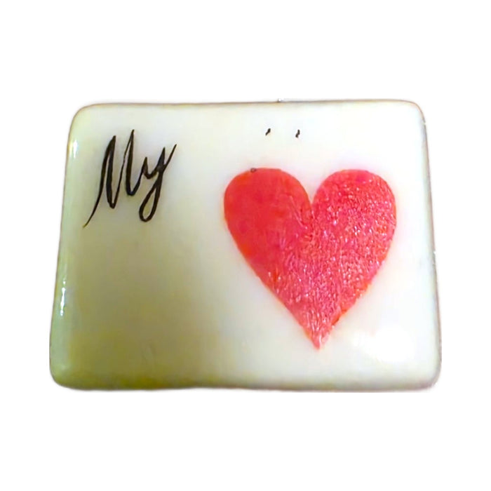 My Love porcelain goodie trinket, rectangle shape, 5/8 inch wide, with a red heart