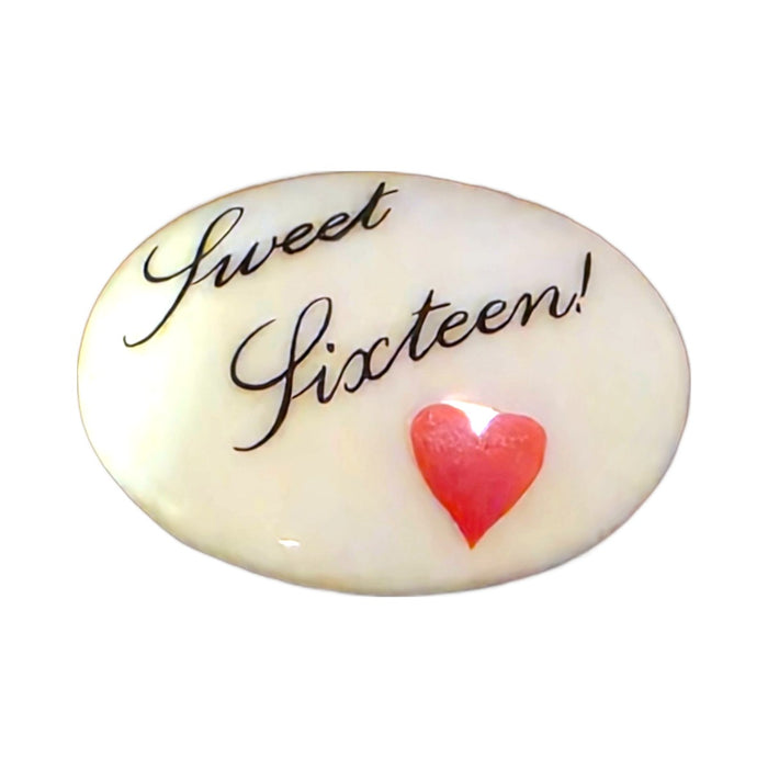 Sweet Sixteen! porcelain goodie trinket, oval shape, 1 inch wide, with a red heart