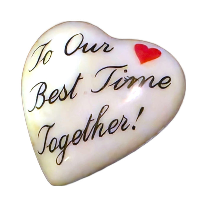 To Our Best Time Together! porcelain goodie trinket, heart shape, 1 inch wide, with a red heart