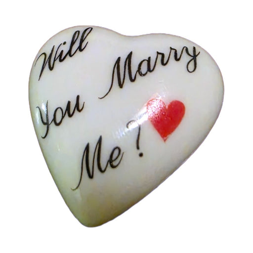 Will You Marry Me? porcelain goodie trinket, heart shape, 1 inch wide, with a red heart