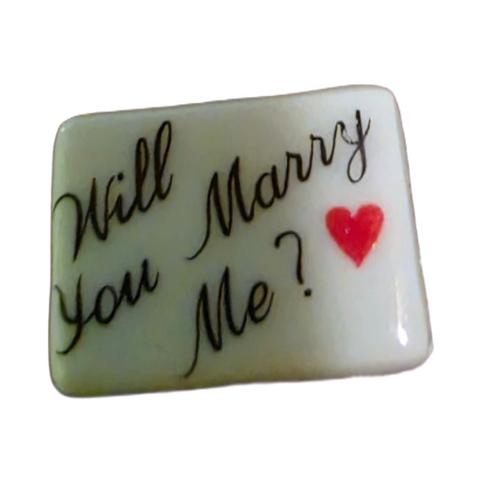 Will You Marry Me? porcelain goodie trinket, rectangle shape, 5/8 inch wide, with a red heart