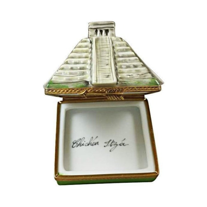Fine French craftsmanship on the Mayan Pyramid Removable Sundial Limoges box, painted by hand