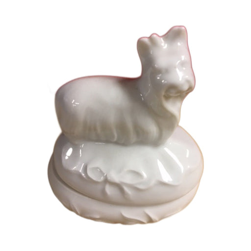 White Silky Terrier Limoges Box No Hinge - white Limoges porcelain box with no hinge, made in France