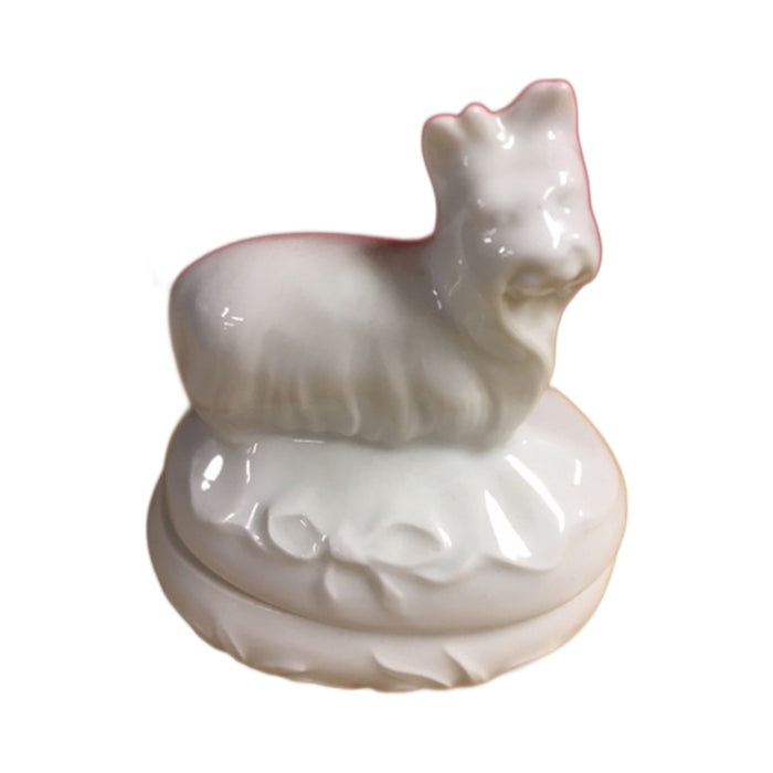 White Silky Terrier Limoges Box No Hinge - white Limoges porcelain box with no hinge, made in France
