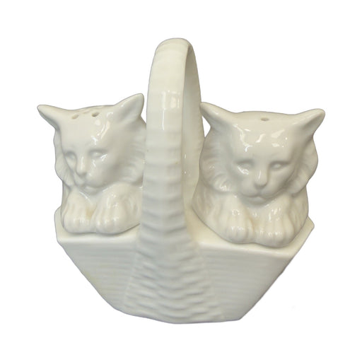 White Two Cats in a Basket Limoges Box No Hinge - white Limoges porcelain box with no hinge, made in France