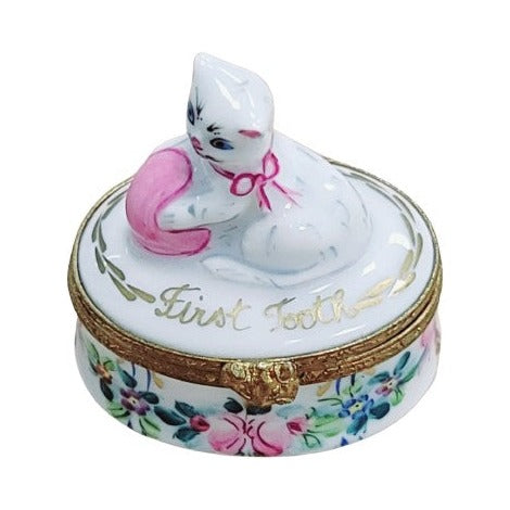 Hand-painted First Tooth Baby Cat Limoges box, French artistry for lovers of fine art